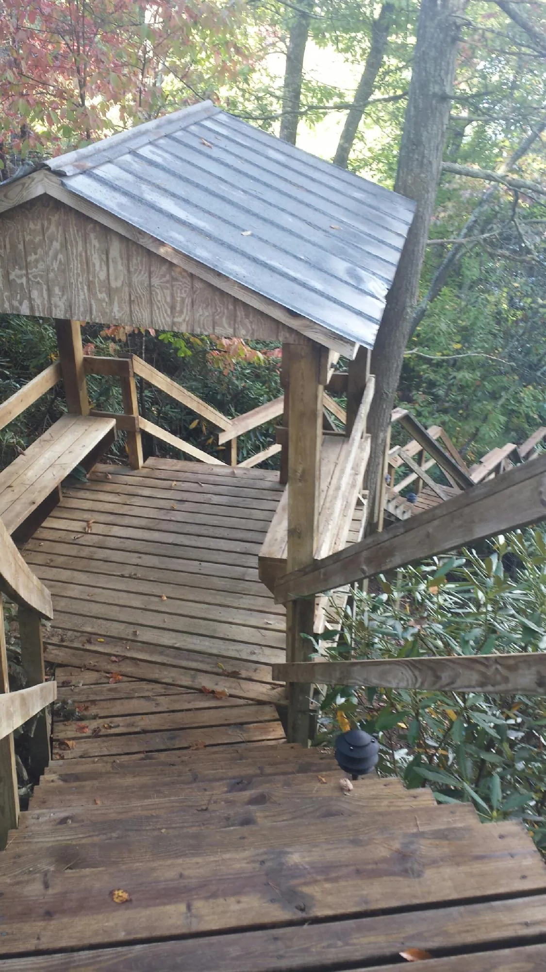 Metal roofed shelter over wooden steps on a wooded walkway — Skylight Repair & Installation work by our crew in Waterbury